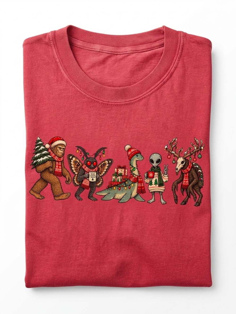 Cryptid Christmas Bigfoot Mothman Red Holiday Graphic Tee